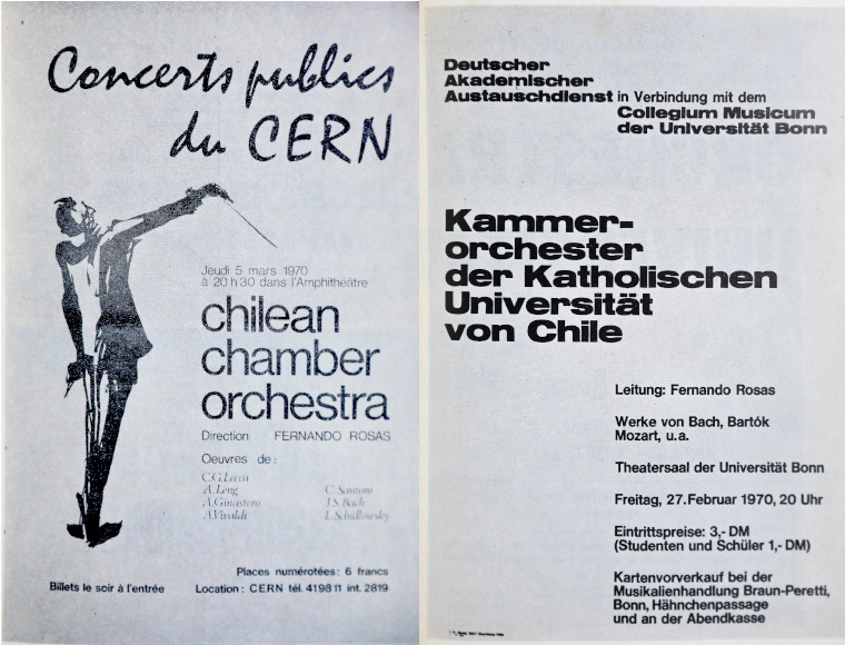 Dos de los afiches de las giras internacionales de la Orquesta de Cámara UC, que fundó Fernando Rosas cuando era director del Instituto de Música UC y en la cual participaba también Adolfo Flores.